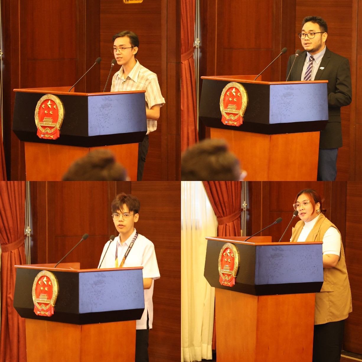 菲律賓大學(xué)、菲律賓師范大學(xué)的4位學(xué)生和校友代表現(xiàn)場發(fā)言向中方表示感謝并分享體會。駐菲律賓使館 供圖