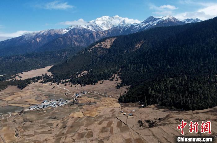 2月17日，西藏林芝魯朗小鎮(zhèn)周邊雪山與牧場。(無人機照片) 李林 攝